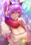  ahri animal_ears arcade_ahri artist_name bangs blush breast_hold breasts cleavage fake_animal_ears fingernails fox_girl fox_tail glowing headphones large_breasts league_of_legends lips looking_at_viewer purple_eyes purple_hair red_hod red_scarf scarf short_hair short_sleeves smile solo swept_bangs tail upper_body wristband 