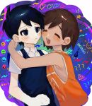  2boys ? black_hair blue_eyes blush closed_eyes closed_mouth collared_shirt english_commentary heart highres hug kel_(omori) male_focus multiple_boys omori open_mouth orange_tank_top shirt star_(symbol) sunny_(omori) tan tank_top upper_body waonwaowao3 white_shirt 