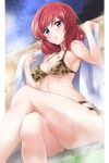 1girl armpits bikini blush breasts cleavage commentary_request cowboy_shot crossed_legs from_below heart heart_print holding holding_towel jewelry kirisaki_reina looking_at_viewer love_live! love_live!_school_idol_project medium_breasts necklace night night_sky nishikino_maki onsen outdoors parted_lips print_bikini purple_eyes red_hair short_hair sitting skindentation sky solo star_(sky) starry_sky steam swimsuit thick_thighs thighs towel tree v-shaped_eyebrows water wet white_towel wide_hips 