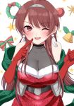  1girl bare_shoulders bell blush bow breasts brown_hair christmas cleavage dress earrings elbow_gloves feather_earrings feathers gloves green_scarf hairband highres jewelry kantai_collection large_breasts long_hair looking_at_viewer nevada_(kancolle) official_alternate_costume one_eye_closed open_mouth red_dress red_eyes red_gloves scarf simple_background sleeveless sleeveless_dress solo star_(symbol) white_background yomogi_dango 