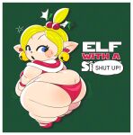 bell bell_earrings belly big_butt black_text blonde_hair blue_eyes blush blush_stickers border butt butt_cleavage christmas christmas_clothing clothing dialogue elf elf_on_the_shelf eyelashes female footwear green_background hair hat headgear headwear hi_res holidays humanoid humanoid_pointy_ears jingle_bell light_body light_skin mammal mii mintrimo mistletoe nintendo not_furry obese obese_female obese_humanoid overweight overweight_female overweight_humanoid panties plant rear_view red_clothing red_footwear red_panties red_shoes red_text red_underwear shoes short_stack simple_background solo speech_bubble text thick_thighs underwear white_border white_text