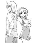  1boy 1girl back-to-back cowboy_shot crossed_arms domon_seijirou fukai_ni_nemuru_oujo_no_abaddon greyscale hairband hand_in_pocket looking_at_viewer mizuishi_rikana monochrome necktie screentones short_hair underbust 