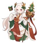  1girl blush box cape christmas commentary_request dress edelgard_von_hresvelg edelgard_von_hresvelg_(snowfall_future) fake_horns fire_emblem fire_emblem:_three_houses fire_emblem_heroes forehead fur-trimmed_cape fur-trimmed_dress fur-trimmed_gloves fur_trim gift gift_box gloves green_cape hair_ornament highres holding holding_polearm holding_weapon horns long_hair looking_at_viewer mistletoe_hair_ornament official_alternate_costume palmijano polearm purple_eyes red_dress red_gloves red_thighhighs simple_background smile solo spear thighhighs two-tone_cape two-tone_dress very_long_hair weapon white_background white_dress white_gloves white_hair yellow_horns 