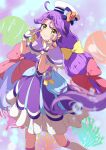  1girl beret bow brown_eyes capelet choker clam closed_mouth collarbone commentary_request coral cure_coral dress feet_out_of_frame hair_bow hands_up hat hat_bow highres index_fingers_raised kneehighs long_hair parted_bangs precure purple_capelet purple_choker purple_dress purple_hair red_bow smile socks solo standing striped striped_bow suzumura_sango tropical-rouge!_precure tsuyukina_fuzuki very_long_hair white_headwear white_socks yellow_bow 