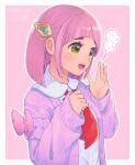  1girl :d arched_bangs border cardigan collared_shirt commentary_request eyelashes hair_ornament hairclip highres lacey_(pokemon) long_sleeves maromichan medium_hair neckerchief open_cardigan open_clothes open_mouth outline outside_border pink_background pink_hair pokemon pokemon_sv red_neckerchief shirt sidelocks sleeves_past_wrists smile solo speech_bubble teeth tongue translation_request upper_body upper_teeth_only white_border white_shirt 