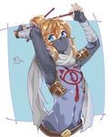  blonde_hair blue_eyes commentary cosplay covering_face earrings gloves hair_ornament jewelry link long_hair looking_at_viewer male_focus mask otoko_no_ko pointy_ears ponytail sheik sheik_(cosplay) shuri_(84k) solo the_legend_of_zelda the_legend_of_zelda:_breath_of_the_wild 