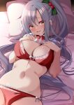  1girl absurdres azur_lane bed bra breasts christmas cleavage drake_(azur_lane) grey_hair hair_ornament highres holly_hair_ornament lace-trimmed_bra lace-trimmed_panties lace_trim large_breasts linea_alba lingerie long_hair looking_at_viewer lying on_back on_bed origami_aya panties pillow ponytail red_bra red_panties underwear white_trim 