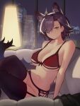  1girl absurdres animal_ear_fluff animal_ears arknights bikini black_thighhighs breasts brown_hair commentary distr garter_belt hair_over_one_eye highres indoors looking_at_viewer medium_breasts penance_(arknights) red_bikini slit_pupils solo swimsuit thighhighs window wolf_ears yellow_eyes 