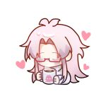  1boy chibi chinese_commentary closed_eyes commentary_request cup glasses hatsutori_hajime heart holding holding_cup long_hair long_sleeves male_focus mug no_mouth no_nose pink_hair red-framed_eyewear saibou_shinkyoku sakuramuying shirt simple_background solo white_background white_shirt 