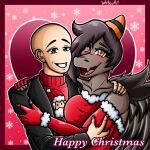 &lt;3 1:1 amber_eyes anon_(snoot_game) anthro armwear bald blush bone_frill brown_hair christmas christmas_clothing christmas_sweater christmas_topwear clothing colored crossgender dress duo elbow_gloves embrace english_text eyelashes feathered_wings feathers female female_anthro female_on_human fingerless_gloves frill_(anatomy) fur_trim_(clothing) gloves goodbye_volcano_high grey_body grey_eyes grey_feathers grey_scales hair hand_on_arm hand_on_shoulder handwear holiday_message holidays human human_on_anthro interspecies light_body light_skin looking_at_viewer male male/female male_on_anthro mammal mtf_crossgender naser_(gvh) nasera open_mouth open_smile pterodactylus pterosaur reptile santa_claus scales scalie shirt simple_background smile snoot_game snout strapless_clothing strapless_dress sweater teeth text tongue topwear whinouart wings