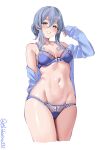  1girl bare_shoulders blue_bra blue_hair blue_panties blue_shirt blush bra breasts collarbone cropped_legs dress_shirt ebifurya gotland_(kancolle) grin groin hair_between_eyes highres kantai_collection long_hair long_sleeves looking_at_viewer medium_breasts mole mole_under_eye navel no_pants one-hour_drawing_challenge open_clothes open_shirt panties shirt sidelocks simple_background sleeves_past_wrists smile solo thighs twitter_username underwear white_background 