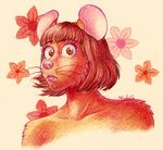  2016 anthro biped bob_cut brown_eyes brown_fur brown_hair bust_portrait cheek_tuft collarbone colored_pencil_(artwork) eyebrows_visible_through_hair eyelashes female flower fur hair looking_at_viewer mammal moodyglider mouse pink_nose plant portrait rodent short_hair shoulder_tuft signature simple_background solo surprise traditional_media_(artwork) translucent_hair tuft whiskers white_background wide_eyed 