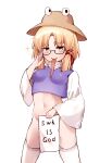  1girl absurdres blonde_hair brown_headwear commentary covering_crotch covering_privates crop_top english_text glasses highres long_tongue looking_at_viewer medium_hair moriya_suwako navel no_panties parted_lips purple_shirt shirt sidelocks simple_background solo thighhighs tongue touhou utsuro114514 white_background white_thighhighs yellow_eyes 