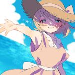  1girl arm_at_side bad_anatomy bad_arm blue_eyes blue_sky blurry blush bow brown_hair depth_of_field dress grin hat mother_(game) mother_2 ocean outstretched_arm paula_(mother_2) pink_dress shifumame short_hair short_sleeves sky smile solo straw_hat sun_hat translated waist_bow 