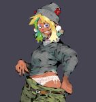 anthro antlers beanie blue_eyes brown_body clothing colored_nails deltarune drizzlingprince female freckles gesture hat headgear headwear hi_res highlights_(coloring) horn lingerie_panties nails noelle_holiday panties piercing pulling_pants_down red_antlers simple_background smile smiling_at_viewer solo undertale_(series) underwear v_sign