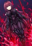  armor aura bangs beeyan black_background bodysuit breasts closed_mouth covered_navel covered_nipples dual_wielding dutch_angle expressionless fate/grand_order fate_(series) from_below gae_bolg hair_between_eyes hair_intakes half-closed_eyes highres holding holding_weapon large_breasts legs_together long_hair looking_at_viewer polearm purple_bodysuit purple_hair red_eyes scathach_(fate)_(all) scathach_(fate/grand_order) shiny shiny_hair shoulder_armor solo spear standing thick_thighs thighs very_long_hair weapon 