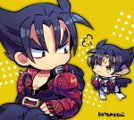  2boys :&lt; belt black_eyes black_hair black_jacket black_pants black_wings chain closed_mouth devil_jin facial_mark gloves jacket kazama_jin kotorai male_focus mini_person miniboy multiple_boys no_nose pants pectoral_cleavage pectorals red_belt red_gloves short_hair signature tekken thick_eyebrows v-shaped_eyebrows wings yellow_background yellow_eyes 