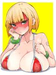  1girl arms_(game) bikini blonde_hair blush bob_cut bracelet breast_rest breast_suppress breasts collarbone domino_mask green_eyes hand_on_own_face highres jewelry large_breasts looking_at_viewer mask min_min_(arms) nose_blush outside_border red_bikini short_hair solo string_bikini sweat swimsuit takayama_toshinori upper_body 