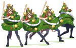  1girl absurdres animal_ears baseball_bat batting_stance black_footwear black_pantyhose bow brown_hair candy candy_cane christmas_ornaments christmas_tree_costume clenched_teeth food frown full_body gingerbread_man high_heels highres holding holding_baseball_bat horse_ears horse_girl horse_tail looking_afar multicolored_hair nishiki_kazue open_mouth pantyhose purple_eyes red_bow sequential shadow sparkle standing streaked_hair symboli_rudolf_(christmas_emperor_tree)_(umamusume) symboli_rudolf_(umamusume) tail teeth umamusume v-shaped_eyebrows white_background 