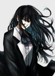  1girl ado_(utaite) ascot black_coat black_hair blue_ascot blue_eyes blue_flower blue_hair blue_rose chando_(ado) cloud_nine_inc coat collared_shirt colored_inner_hair commentary dress_shirt floating_hair flower flower_brooch grey_background hair_between_eyes highres hoshi_san_3 long_hair long_sleeves looking_at_viewer multicolored_hair open_clothes open_coat parted_lips rose shirt simple_background solo two-tone_hair utaite white_shirt 