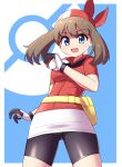  1girl :d bandana bike_shorts blue_background blue_eyes border breasts brown_hair collared_shirt commentary_request eyelashes fanny_pack gloves hand_up highres holding holding_poke_ball looking_at_viewer may_(pokemon) open_mouth outside_border poke_ball poke_ball_(basic) poke_ball_symbol pokemon pokemon_rse red_bandana red_shirt sabfish1229 shirt short_sleeves skirt smile solo white_border white_skirt yellow_bag 