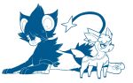 &gt;:o 16:10 2017 ambiguous_gender blue_and_white cervine deer deerling duo ear_piercing felid feline feral full-length_portrait generation_4_pokemon generation_5_pokemon hair hair_over_eye hi_res hooves looking_at_another luxray mammal monochrome nintendo one_eye_obstructed paws piercing pokemon pokemon_(species) portrait temitess widescreen