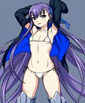  armpits bikini breasts fate/extra fate/extra_ccc fate/grand_order fate_(series) grey_background long_hair meltlilith navel purple_eyes side-tie_bikini simple_background sleeves_past_wrists small_breasts smile solo swimsuit tanaka_gorbachev very_long_hair white_bikini 