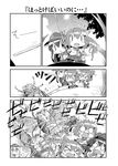  &gt;_&lt; akatsuki_(kantai_collection) anchor_symbol bug cicada comic commentary_request flat_cap fleeing folded_ponytail greyscale hair_ornament hairclip hat hibiki_(kantai_collection) highres ikazuchi_(kantai_collection) inazuma_(kantai_collection) insect kantai_collection minigirl monochrome moroyan multiple_girls school_uniform stick tears translated 