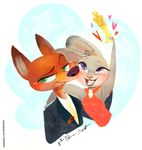  &lt;3 2017 abstract_background anthro award buckteeth canine clothed clothing dipstick_ears disney dress duo female fox fur green_eyes half-length_portrait hi_res holding_object judy_hopps lagomorph long_ears looking_at_viewer male mammal necktie nick_wilde open_mouth open_smile oscar_statuette portrait purple_eyes rabbit simple_background smile sugarraccoon teeth tuxedo white_background zootopia 