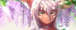 1girl :3 animal_ear_fluff animal_ears body_fur brown_fur closed_mouth colored_eyelashes commentary english_commentary flower furry green_eyes hair_between_eyes highres leaf long_hair looking_at_viewer made_in_abyss nanachi_(made_in_abyss) neck_ribbon portrait purple_flower purple_ribbon ribbon roxenne smile solo whiskers white_hair wisteria 