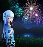  aerial_fireworks blue_eyes blue_hair boat cazma_(leadreload) cowboy_shot expressionless fireworks floral_print food_in_mouth grass hair_ornament holding ikayaki japanese_clothes kimono lake long_hair looking_at_viewer mountain night obi original outdoors sash sky solo star_(sky) starry_sky tree_branch very_long_hair watercraft yukata 