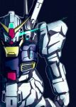  arm_at_side clenched_hand commentary eye_trail glowing glowing_eyes green_eyes gundam gundam_mk_ii highres kuroiwa_cookie light_trail mecha mobile_suit no_humans robot science_fiction solo upper_body v-fin zeta_gundam 