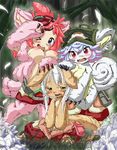  3girls animal_ears artist_request blue_hair brown_eyes furry long_hair made_in_abyss multiple_girls nanachi_(made_in_abyss) open_mouth pink_hair rabbit red_eyes white_hair 
