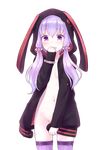  animal_hood bangs blush bunny_hood commentary_request covering covering_crotch cowboy_shot embarrassed eyebrows_visible_through_hair flat_chest groin hair_ornament hood hoodie isao_(wasamoti) lavender_hair long_sleeves looking_at_viewer naked_hoodie navel open_mouth purple_eyes purple_legwear short_hair_with_long_locks sidelocks solo standing thighhighs transparent_background vocaloid voiceroid wavy_mouth yuzuki_yukari 
