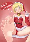  1girl bare_legs barefoot boots christmas feet foot_focus full_body hat highres hinosaki legs looking_at_viewer merry_christmas nail_polish open_mouth original red_headwear santa_boots santa_costume santa_hat sitting smile soles solo toenail_polish toenails toes 