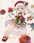  1girl alternate_costume back_bow bow cross-shaped_pupils dress english_text full_body genshin_impact gloves gradient_hair green_dress green_eyes grey_hair hand_up highres long_hair looking_at_viewer mary_janes merry_christmas multicolored_hair nahida_(genshin_impact) nyanya open_mouth pointy_ears red_footwear red_headwear shoes side_ponytail sidelocks smile socks solo symbol-shaped_pupils white_dress white_gloves white_socks 