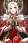  1girl blush cape chocojax christmas cup dress edelgard_von_hresvelg edelgard_von_hresvelg_(snowfall_future) fake_horns fire_emblem fire_emblem:_three_houses fire_emblem_heroes forehead gloves highres holding holding_cup horns long_hair looking_at_viewer mug official_alternate_costume open_mouth parted_bangs red_cape red_dress sidelocks smile white_gloves white_hair 