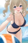 1girl :d ball barbara_(genshin_impact) bare_arms bare_shoulders beachball bikini blonde_hair blue_bikini blue_eyes blue_sky blush breasts cleavage cloud commentary cowboy_shot day genshin_impact hyunta large_breasts long_hair looking_at_viewer navel nose_blush ocean open_mouth outdoors sky smile solo standing stomach swimsuit thighs twintails 