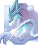  animal_focus artist_name blue_background blue_skin border closed_mouth colored_skin commentary_request highres iwasi_29 no_humans pokemon pokemon_(creature) prehensile_ribbon purple_hair red_eyes suicune twitter_username white_border 