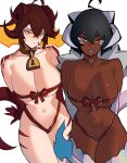  2girls absurdres bell black_dragon_girl_(distr) black_hair blue_eyes blue_tongue bow breasts choker cleavage closed_mouth collarbone colored_tongue commentary cowbell dark-skinned_female dark_skin distr dragon_girl dragon_horns dragon_tail elbow_gloves english_commentary from_above gift gloves heart heart_choker highres horns large_breasts leaning_back multiple_girls navel orange_eyes original platinum_dragon_girl_(distr) red_bow red_choker red_gloves red_hair red_ribbon red_scales ribbon ribbon_panties scales shiny_skin short_hair simple_background tail tongue tongue_out white_background 