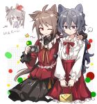  2girls ;3 animal_ears antenna_hair arm_around_shoulder bag black_dress blue_eyes brown_hair camera cat_ears cat_girl center_frills closed_mouth collared_dress commentary_request dress flat_chest frilled_skirt frills frown genderswap genderswap_(mtf) grey_hair hair_between_eyes harada_minoru highres holding holding_bag holding_camera jiekuijiangshadaonijiamenkou kemonomimi_mode long_hair long_sleeves multiple_girls neck_ribbon no_nose one_eye_closed pleated_skirt ponytail red_ribbon red_skirt ribbon saibou_shinkyoku shirt skirt smile spoken_star star_(symbol) utsugi_noriyuki v white_shirt yellow_bag yellow_ribbon 