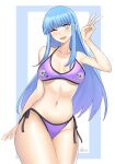  1girl ;d aori_sora aqua_eyes bare_arms bare_shoulders bikini blue_hair blush bright_pupils cowboy_shot english_commentary groin hand_up highres katie_westwood long_hair looking_at_viewer navel one_eye_closed open_mouth purple_bikini real_life side-tie_bikini_bottom signature skull_print smile solo standing stomach swimsuit thighs v very_long_hair white_pupils 