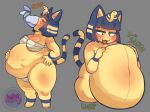 animal_crossing ankha_(animal_crossing) anthro belly_blush big_breasts bloated blue_hair blush bob_cut body_blush body_in_mouth breasts digestion digestion_noises digital_media_(artwork) domestic_cat felid feline felis female hair hand_imprint hand_on_hip hand_on_own_belly head_first hi_res huge_belly imprint lilbunpinky mammal markings navel nintendo overweight overweight_female same_size_vore sloshing_belly striped_markings striped_tail stripes swallowing tail tail_markings thick_thighs vore wide_hips