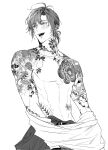  1boy commentary_request eoduun_badaui_deungbul-i_doeeo flower_tattoo greyscale highres kim_jaehee korean_commentary male_focus monochrome neck_tattoo open_mouth short_hair shoulder_tattoo simple_background smile solo subell2314 tattoo topless_male undressing white_background 