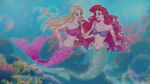  2girls ariel_(disney) barbie_(character) barbie_(franchise) barbie_in_a_mermaid_tale barbie_movies bikini blonde_hair blue_eyes breasts crop_top curly_hair disney fins floral_print green_tail hand_on_another&#039;s_shoulder highres jewelry long_hair medium_breasts merliah_(barbie) mermaid monster_girl multicolored_hair multiple_girls navel necklace okitafuji pink_hair pink_shirt pink_tail red_hair shell shell_bikini shirt streaked_hair swimming swimsuit the_little_mermaid underwater 