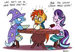  2017 bobthedalek cape clothed clothing dialogue english_text equine eyewear female feral friendship_is_magic glasses group hair hi_res horn mammal multicolored_hair my_little_pony simple_background starlight_glimmer_(mlp) sunburst_(mlp) table text trixie_(mlp) two_tone_hair unicorn white_background 