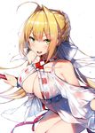  :d aestus_estus ahoge bangs bare_shoulders blonde_hair blush bow braid breasts cleavage collarbone commentary_request dress eyebrows_visible_through_hair fate/grand_order fate_(series) gown green_eyes hair_bow hair_intakes hair_ribbon hands_up highres holding holding_sword holding_weapon large_breasts leaning_forward looking_at_viewer nero_claudius_(fate)_(all) nero_claudius_(swimsuit_caster)_(fate) open_mouth orihi_chihiro ribbon sidelocks simple_background smile solo sword thighs v-shaped_eyebrows weapon white_background white_bow white_ribbon 