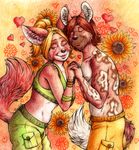  &lt;3 2017 abstract_background african_wild_dog anthro anthro_on_anthro armband belly_tuft biped blonde_hair bracelet brown_fur brown_hair brown_nose canine cargo_shorts cheek_tuft clothed clothing colored_pencil_(artwork) crop_top dennis_(moodyglider) dipstick_tail duo embrace eyelashes eyes_closed face_to_face facial_markings female fennec flower fluffy fluffy_tail fox fur green_bottomwear green_clothing green_topwear hair hand_holding humanoid_hands inner_ear_fluff interlocked_fingers jewelry leaning leaning_forward love male male/female mammal markings midriff moodyglider multicolored_fur multicolored_tail nipples orange_background orange_fur pink_nipples plant ponytail portrait red_background romantic_couple shirt short_hair shoulder_tuft side_view simple_background small_waist smile spots spotted_fur standing striped_fur stripes sunflower three-quarter_portrait topless traditional_media_(artwork) tuft two_tone_fur valerie_(moodyglider) white_fur yellow_bottomwear yellow_clothing 