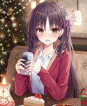  1girl :d absurdres black_hair blurry blurry_background blush braid cafe_stella_to_shinigami_no_chou cake cake_slice can candle casual cc_lin chinese_commentary christmas christmas_tree coat collared_shirt commentary earrings elbows_on_table english_commentary eyelashes eyes_visible_through_hair flower food fruit fur-trimmed_hood fur_trim hair_between_eyes hair_flower hair_ornament hair_ribbon hands_up happy heart highres holding holding_can hood hood_down indoors jewelry long_hair looking_at_viewer mixed-language_commentary mole mole_under_eye nail_polish notice_lines official_alternate_costume open_clothes open_coat open_mouth pink_nails pink_ribbon red_coat ribbon rose shiki_natsume shirt side_braid sitting smile snowflake_necklace snowflakes solo sparkle straight_hair strawberry stud_earrings upper_body very_long_hair white_flower white_rose white_shirt yellow_eyes 