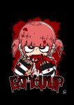  1girl black_background blood blood_in_hair blood_on_clothes blood_on_face blood_on_hands blood_splatter cannibalism chibi die_aria ear_piercing heart highres holding holding_heart original piercing red_eyes red_hair signature solo tongue_piercing twintails 